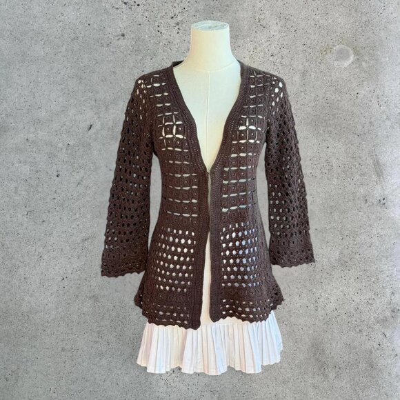 brown crochet knit cardigan - Picture 2 of 5